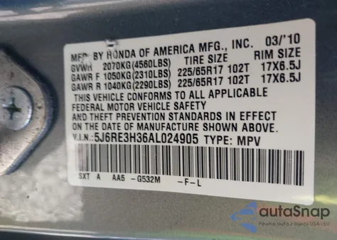 2010 Honda Cr-V Lx from USA, damaged, VIN 5J6RE3H36AL024905
